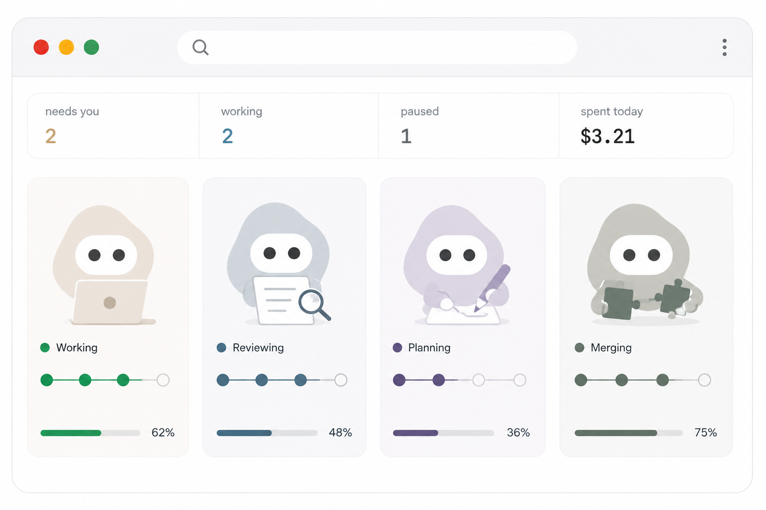 Agent dashboard in a browser window with status cards