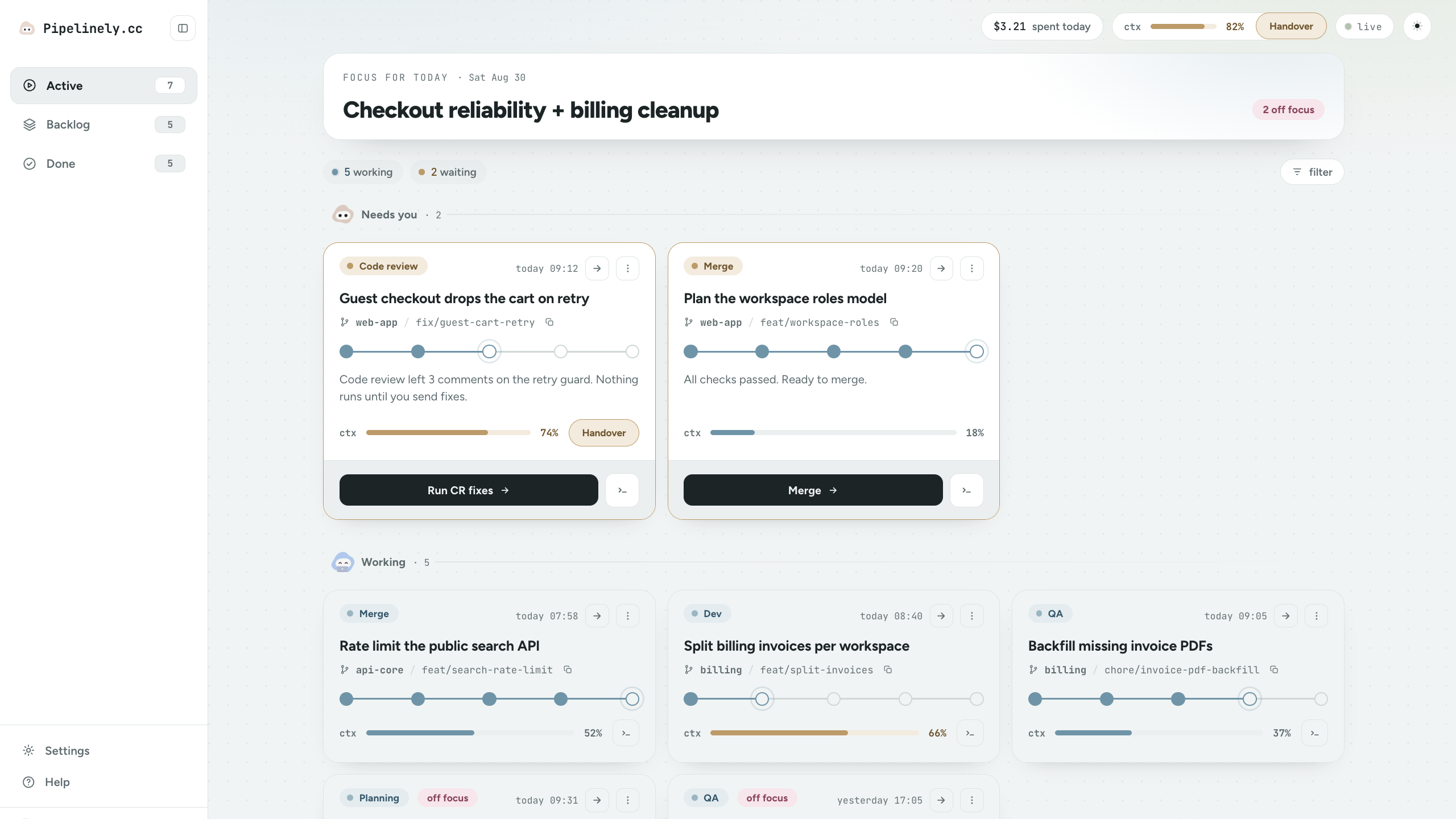Pipelinely dashboard sorted by what needs you