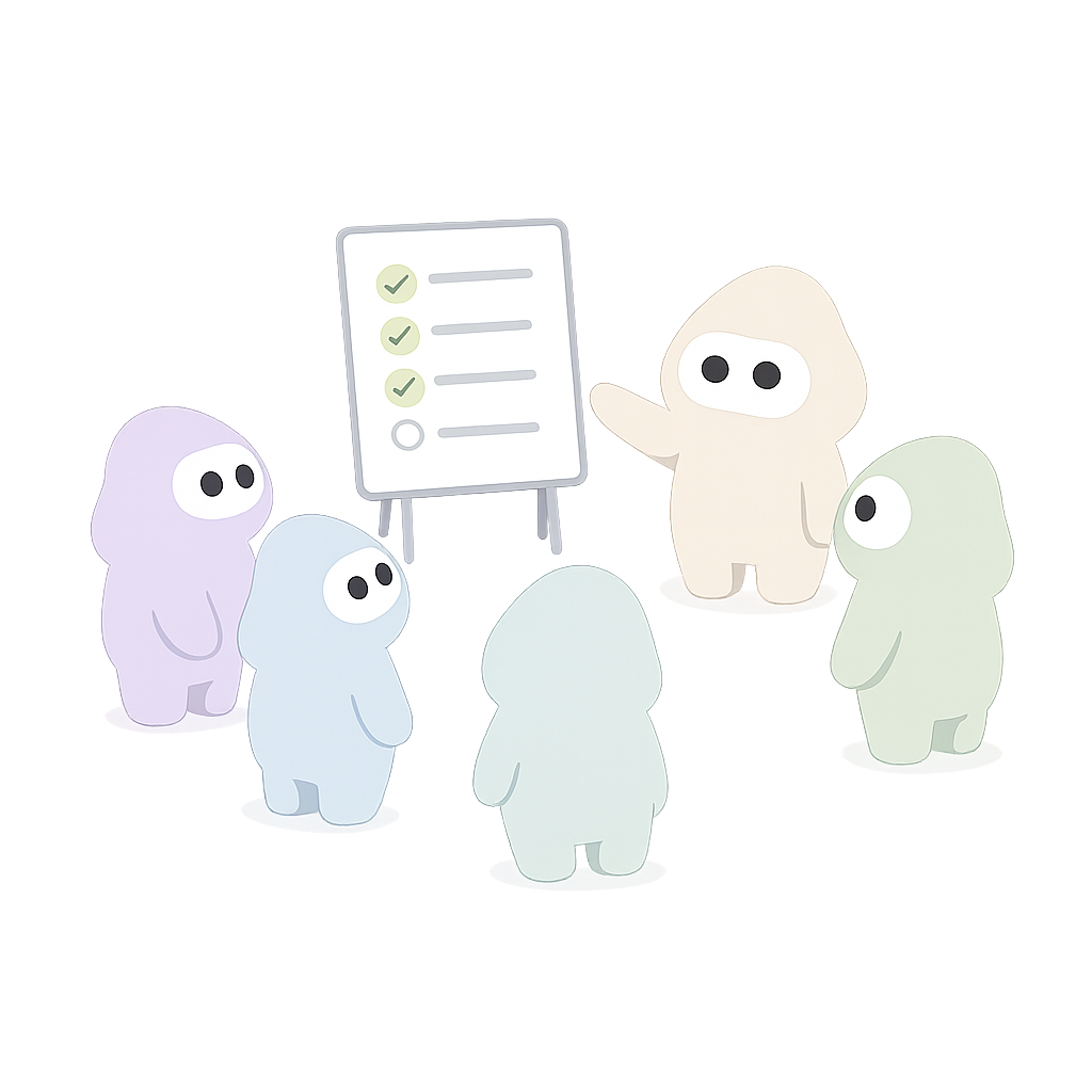 Creatures gathered around a checklist board